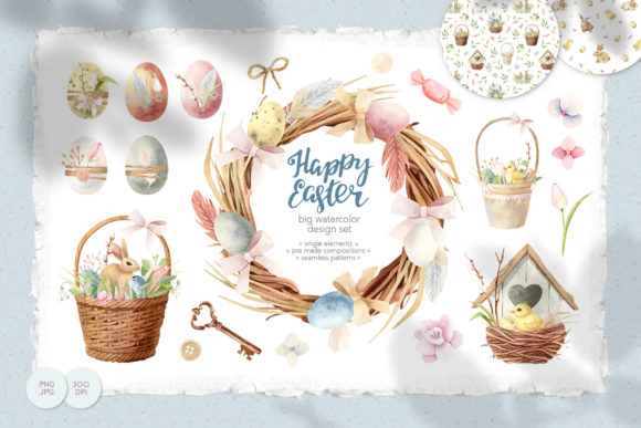 Happy Easter Spring Watercolor Clipart for Design Projects